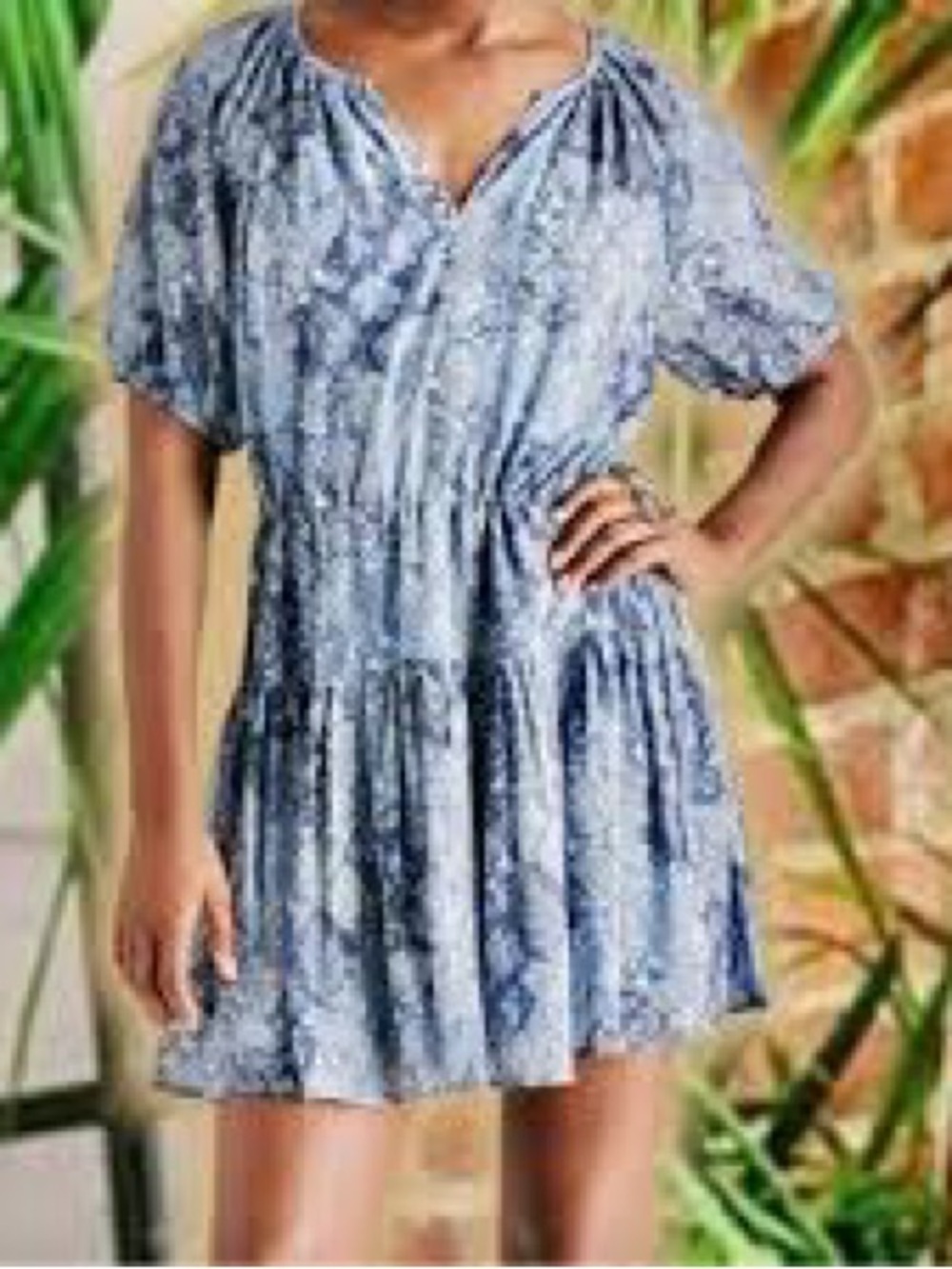 Steve Madden Light Blue Printed Short Sleeve Tiered Mini Dress